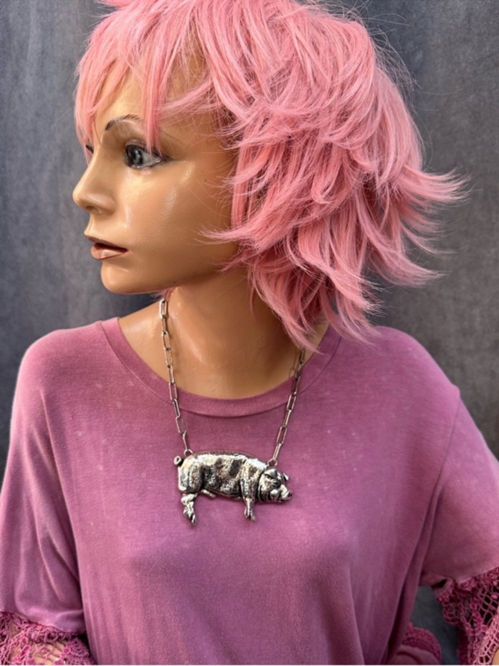 Large PIG pendent statement silver necklace farmhouse